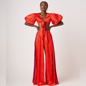 NWOT Shakara by Ofuure Samiah Satin Puff Sleeve Wide Leg Set L